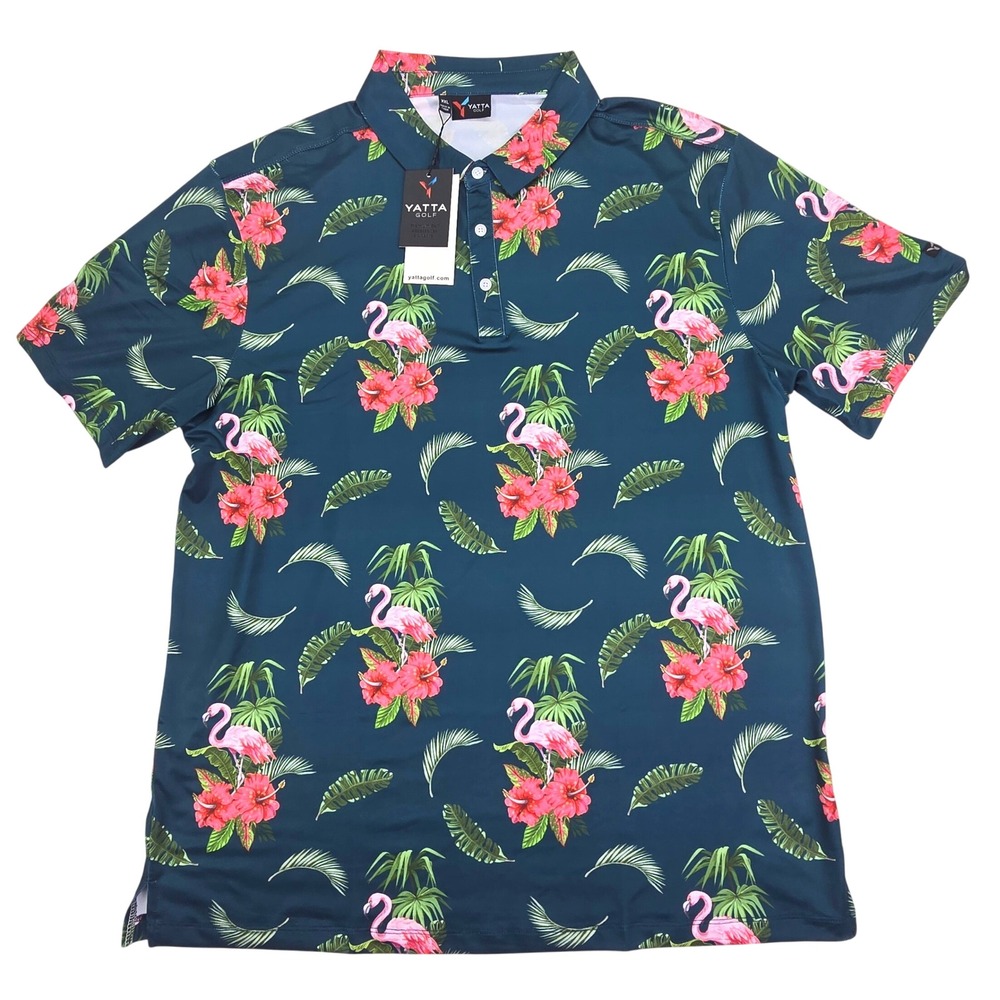 Yatta Golf No Ka Oi Polo Shirt Mens XXL Teal Flamingo Floral Tropical Hawaiian